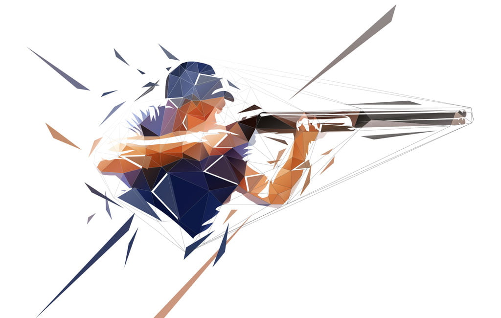 Trap Shooting, Aiming Athlete With Gun, Low Polygonal Isolated Vector Illustration. Geometric Drawing From Triangles