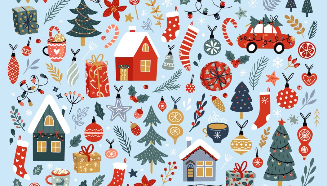 Illustration Noel, Sapins, Boules, Cadeaux, Décorations